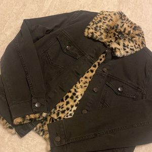 Black Denim Jacket with Leopard Print Lining